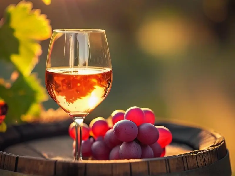 晶莹剔透的桃红葡萄酒特写与酿酒原料