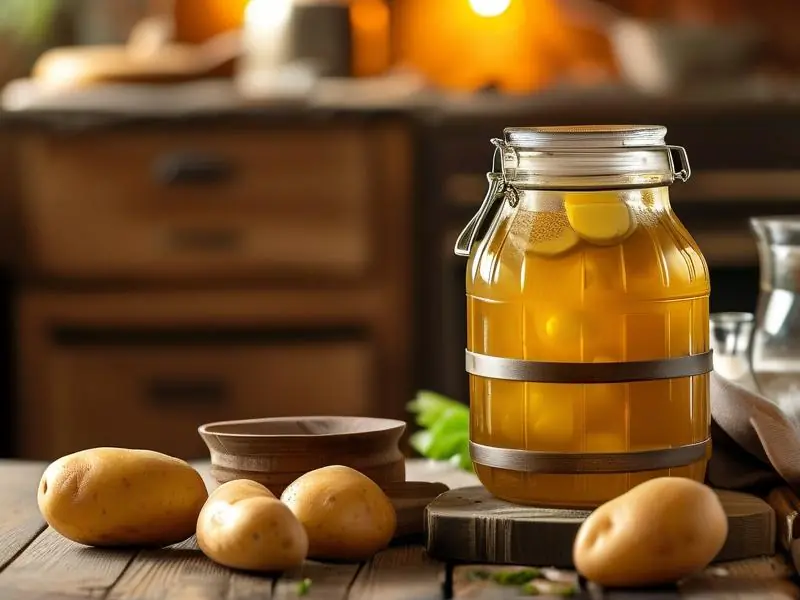 金黄色的土豆酒与新鲜土豆及酿酒工具