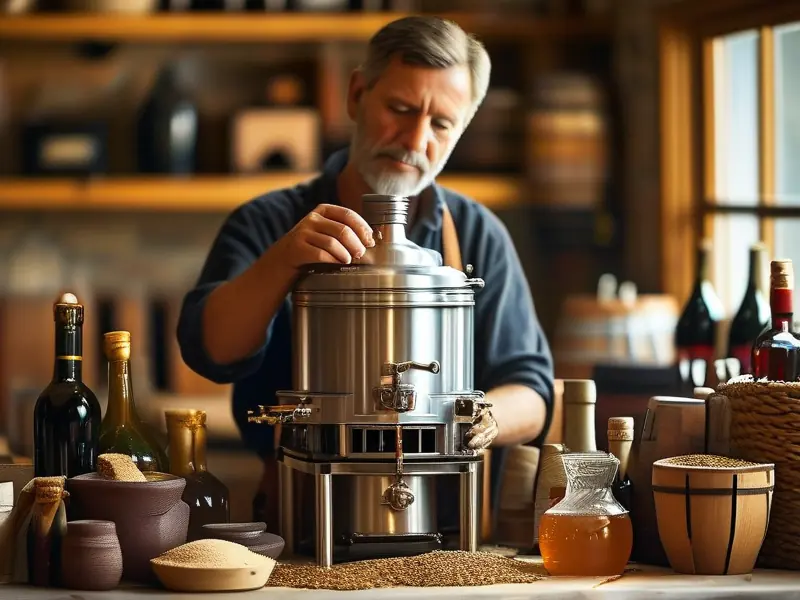 酿酒师操作小型酿酒设备