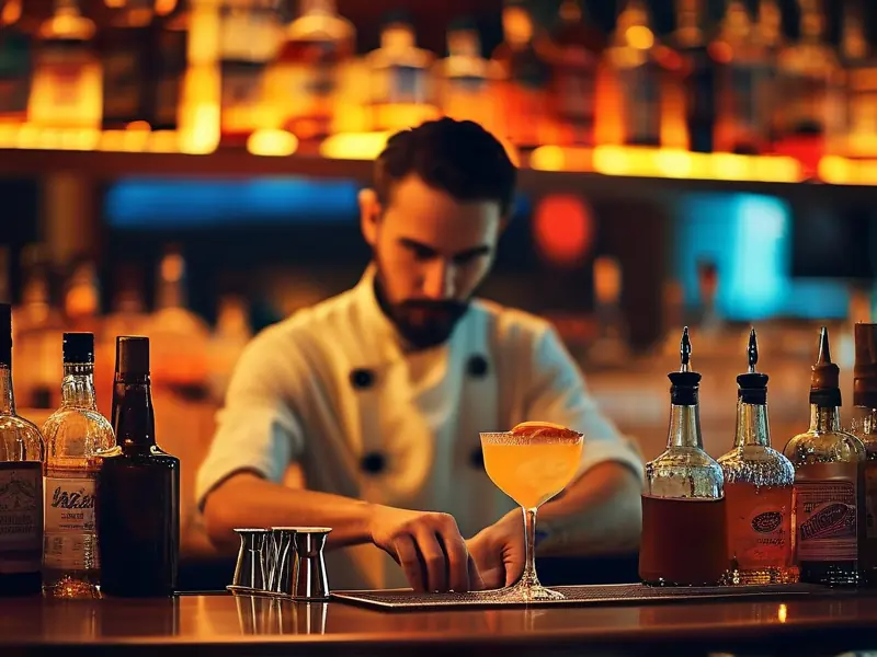 专业调酒师在吧台调制鸡尾酒