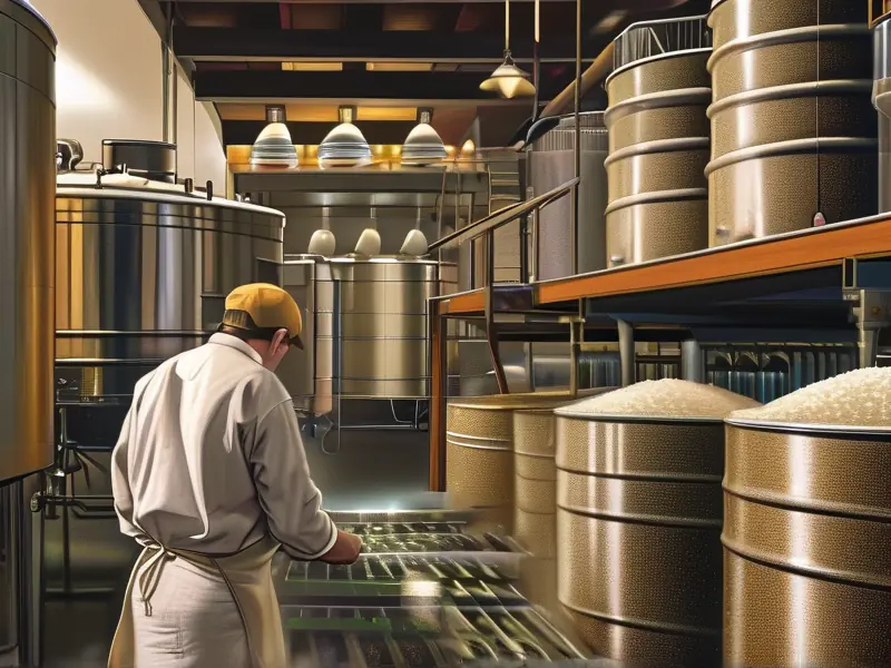 专业酿酒师手持玉米、大米、高粱等粮食在酿酒车间