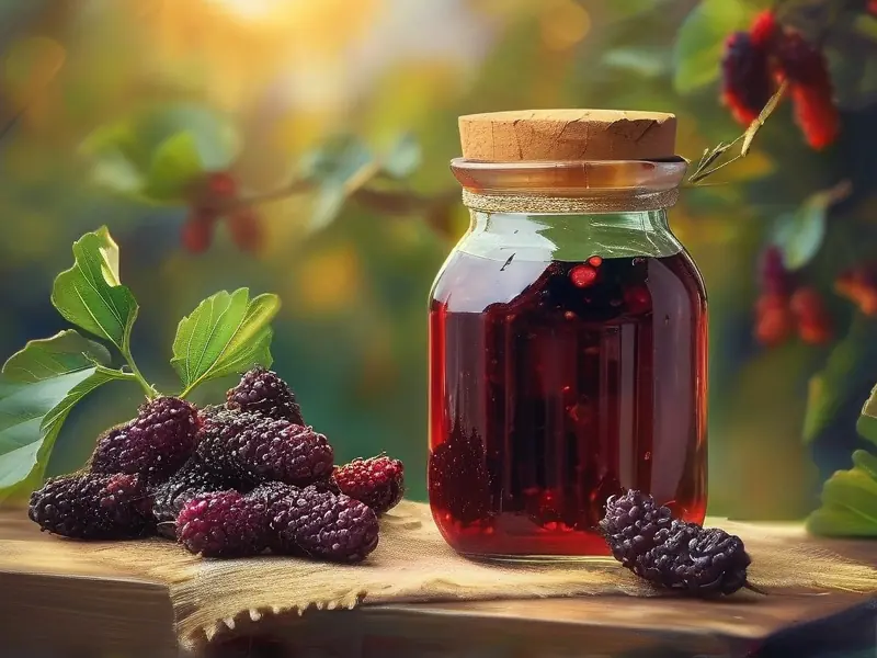 新鲜桑葚与自制叶酸桑葚酒对比图