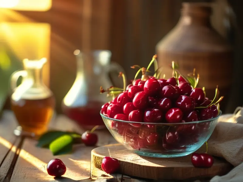 新鲜樱桃和酿酒工具