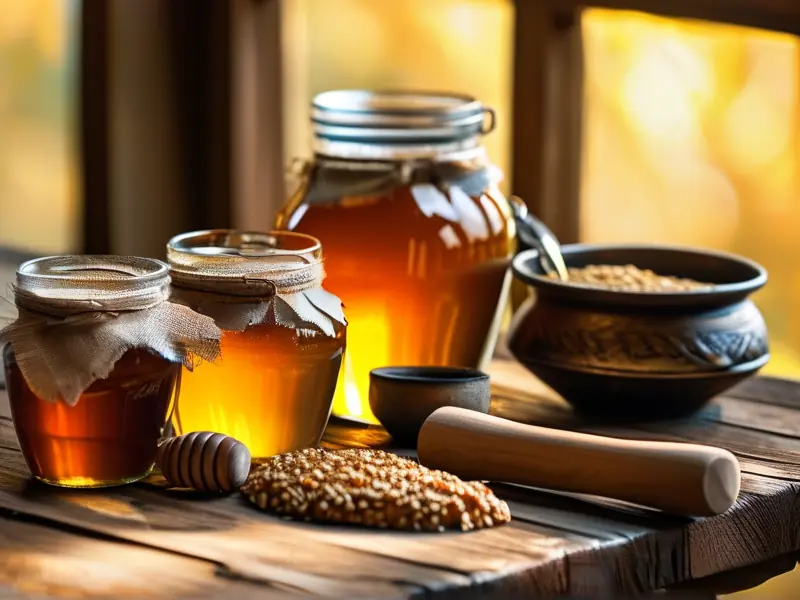 传统蜂蜜酿酒设备与原料展示