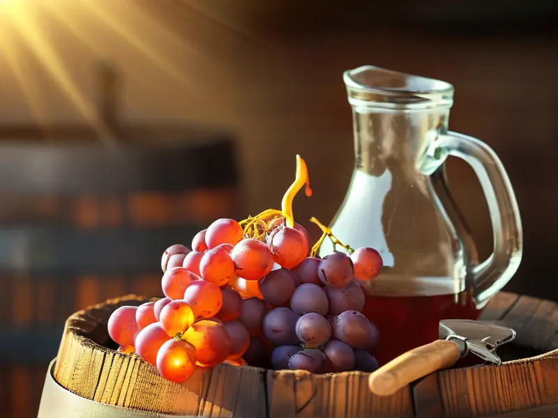 新鲜葡萄浸泡在木桶中准备酿酒