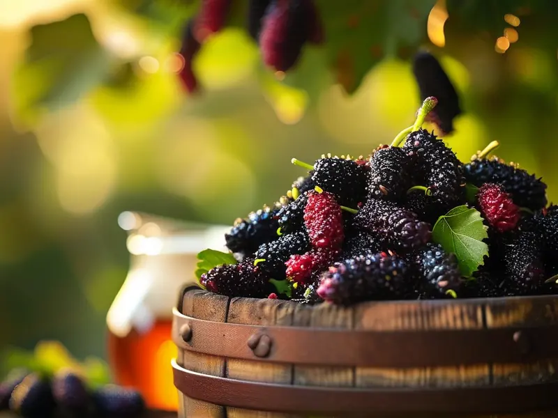 新鲜桑葚与酿酒工具摆放