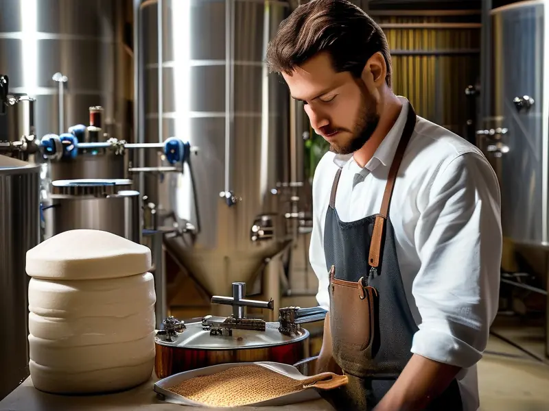 专业酿酒师使用糖化酶和酵母进行酿酒工艺操作