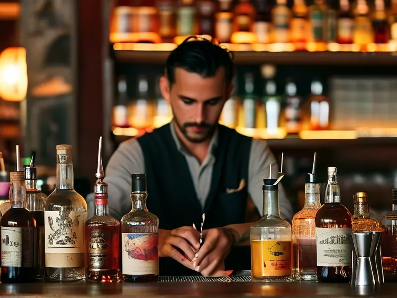 专业调酒师在吧台调制鸡尾酒