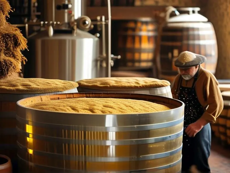 酿酒师检查发酵中的酒糟