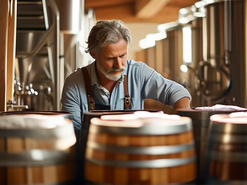 酿酒师检查发酵桶中的酒液