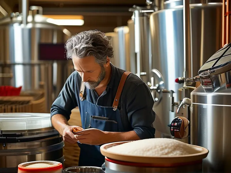 专业酿酒师检查不锈钢酿酒设备