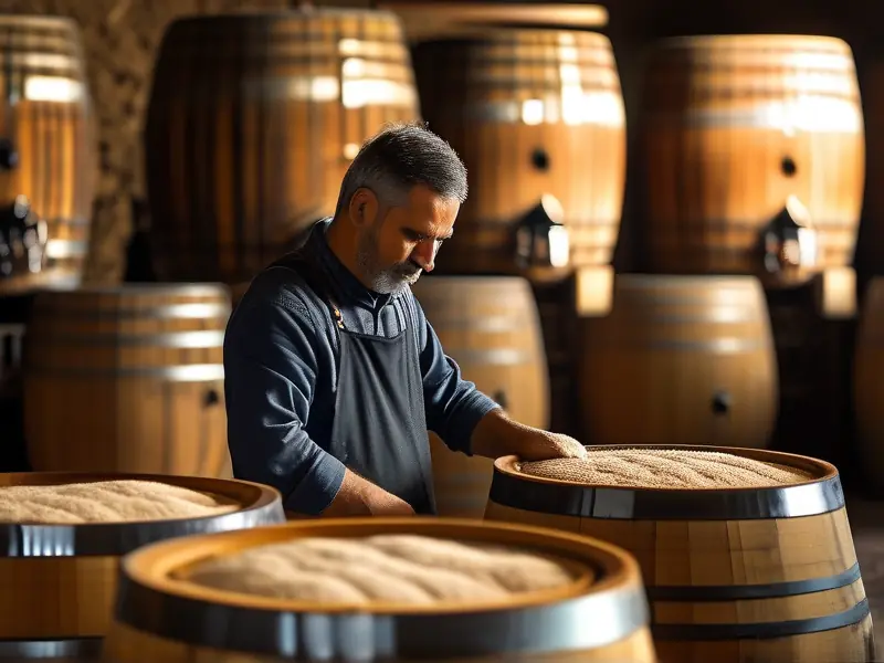 衢州传统酒坊中的酿酒师检查酒醅