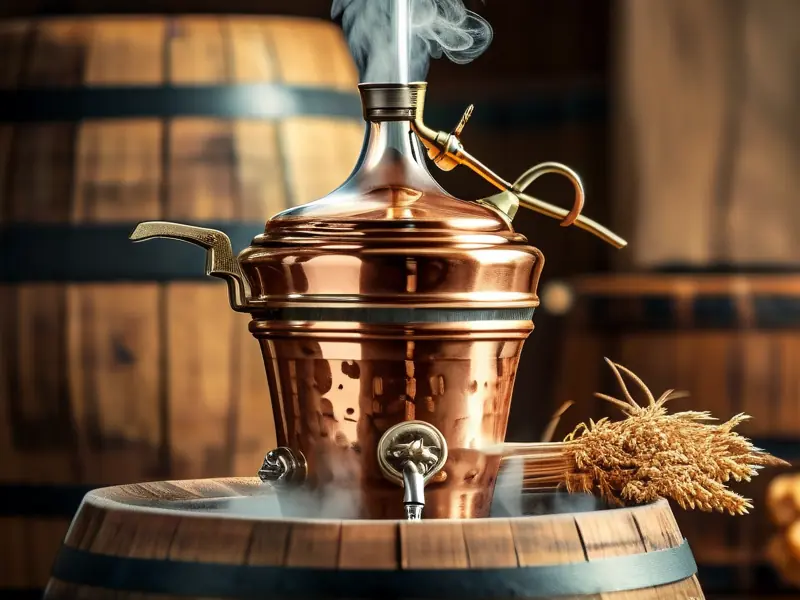 传统铜制蒸馏器工作场景展示蒸馏法酿酒过程