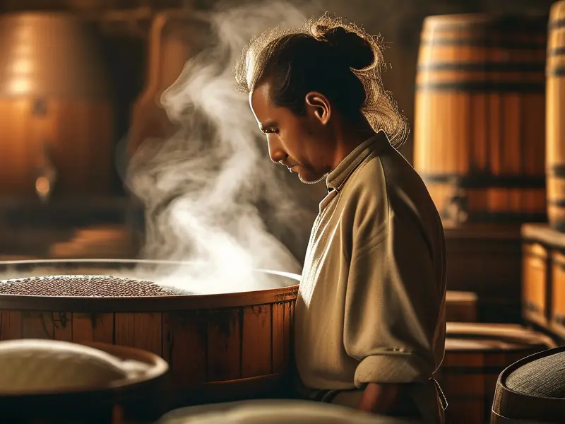 酿酒师检查蒸馏米酒过程