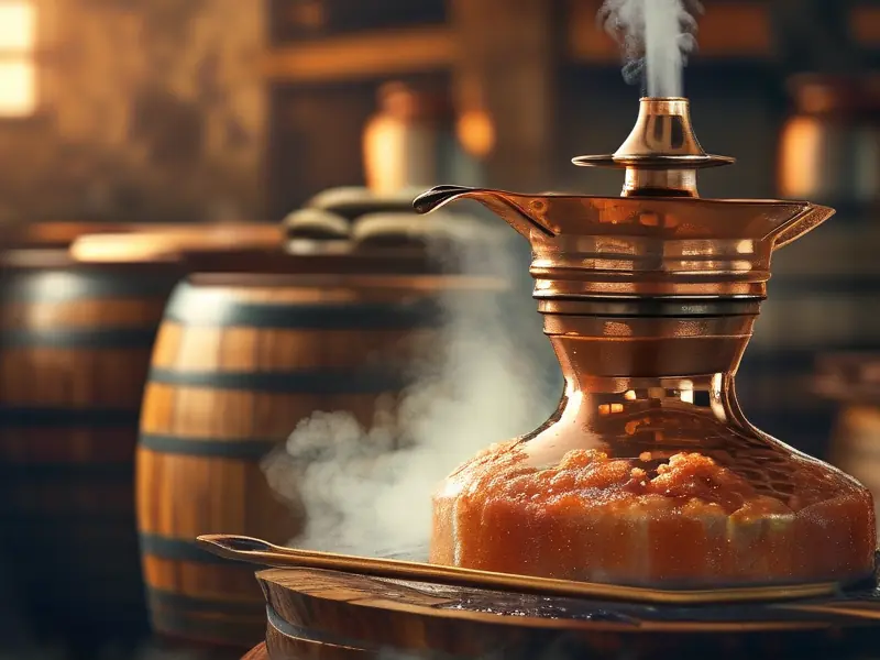 传统铜制蒸馏器工作过程示意图