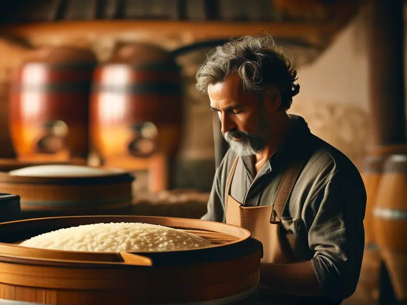 酿酒师检查蒸熟的米饭,准备进行酿酒发酵