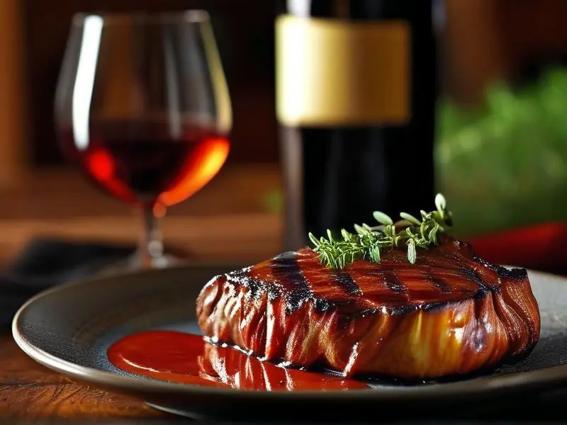 正宗法式红酒汁淋在牛排上的特写