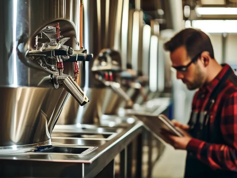 专业酿酒师检查不锈钢酿酒设备质量
