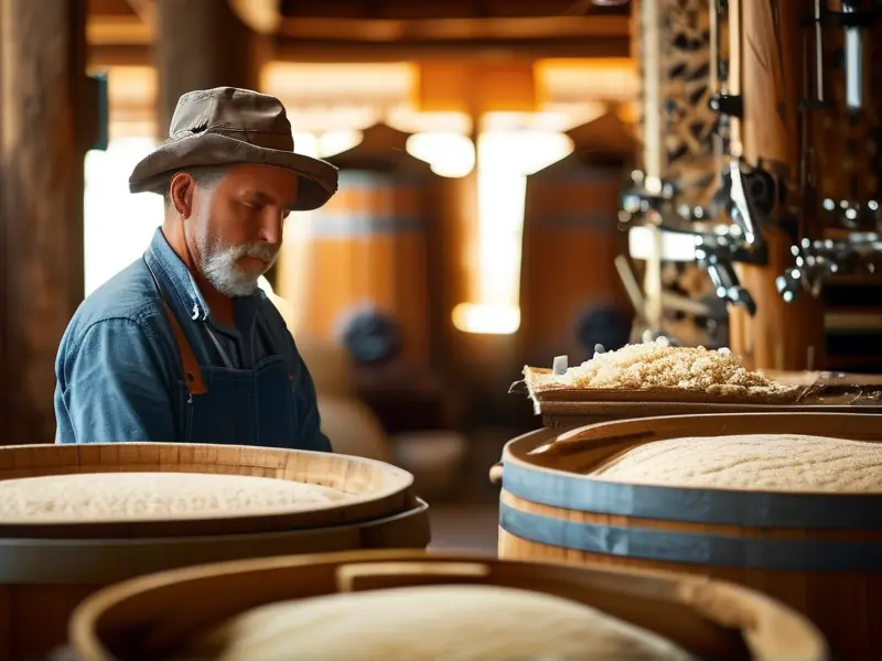 酿酒师检查发酵中的酒曲