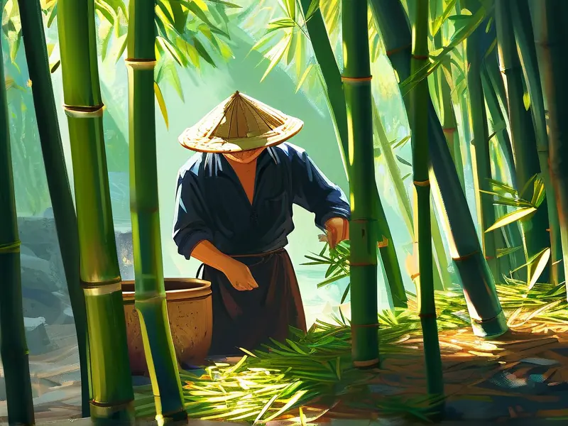 酿酒师在竹林中挑选新鲜竹叶制作竹叶酒