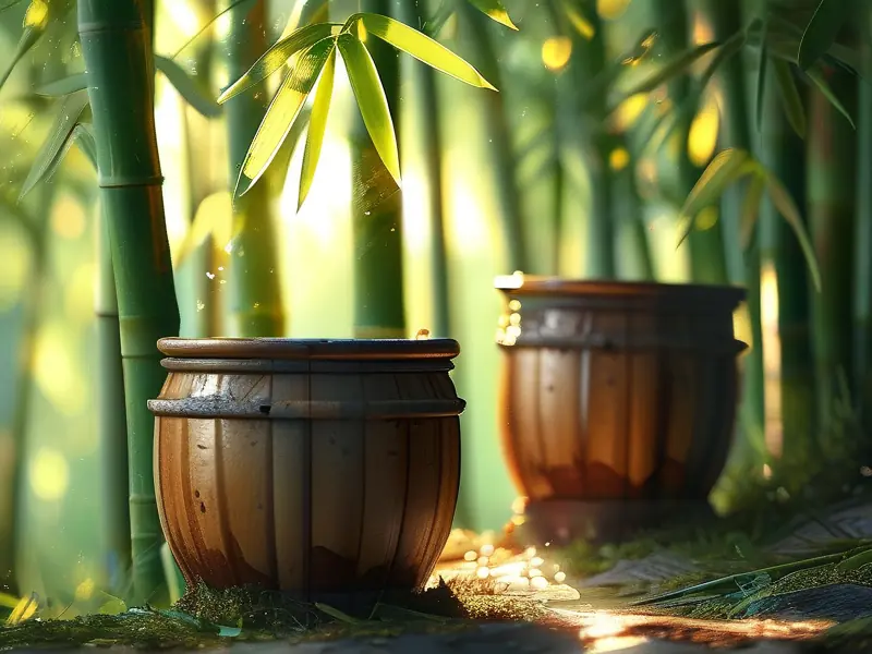 工匠在竹林中进行竹筒酒灌装的传统工艺展示
