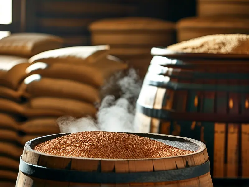 传统工艺自酿白酒的蒸馏过程与粮食原料展示