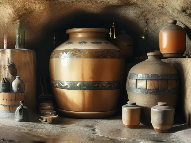 自酿白酒在陶瓷酒坛中储存的示意图