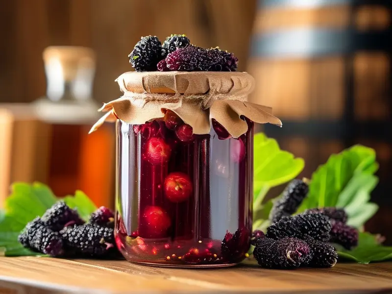 自然发酵中的桑葚酒特写照片