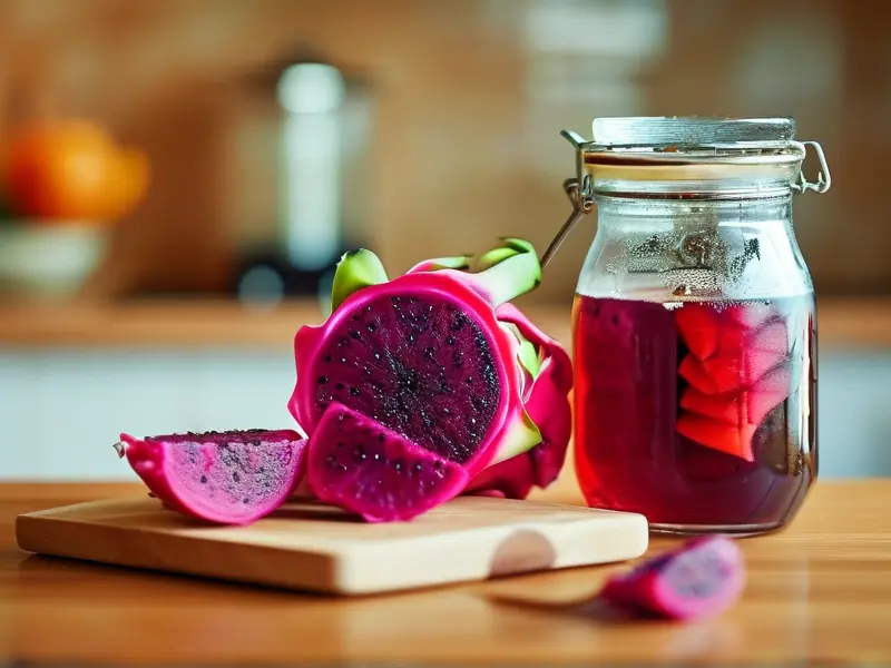 自制火龙果酒原料与发酵过程实拍图