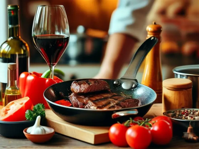 厨师用红酒烹饪牛肉的场景