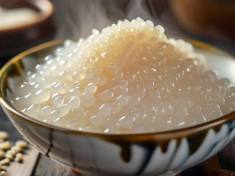蒸熟的糯米特写，用于制作甜酒