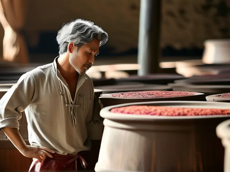 传统酿酒师检查坤沙酒醅的工艺场景