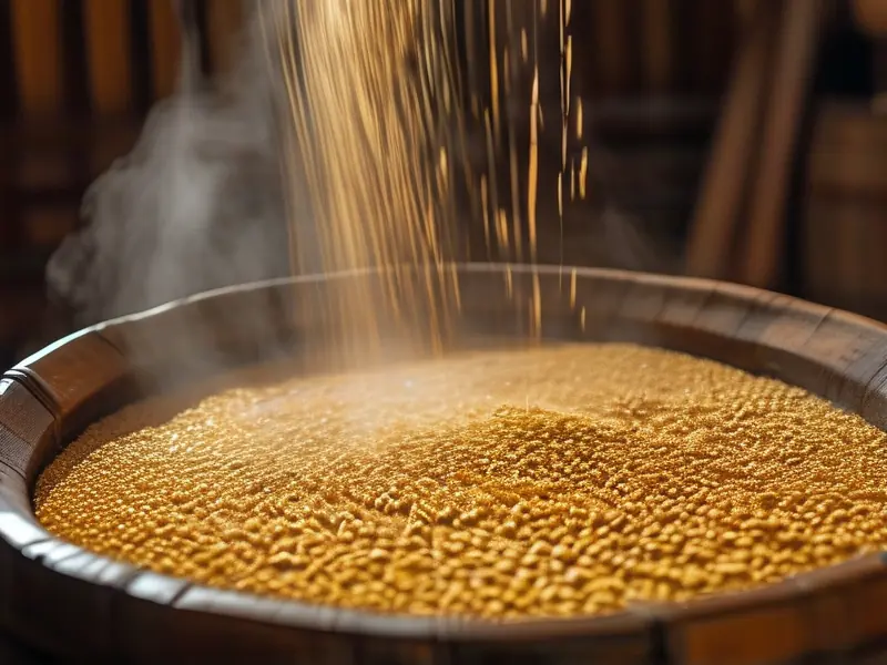 高粱酿酒原料倒入传统酿酒桶的特写