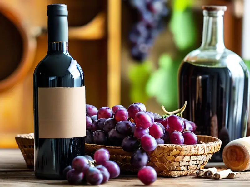 新鲜葡萄与自酿葡萄酒的对比展示
