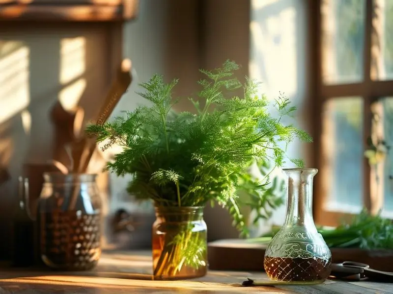 新鲜艾草与酿酒工具准备制作艾草酒