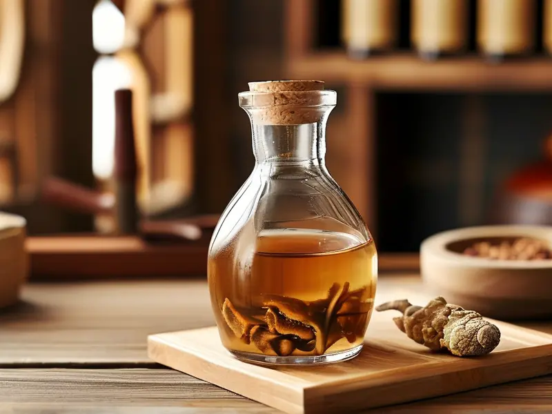 巴戟天药材与白酒在玻璃罐中浸泡的特写照片