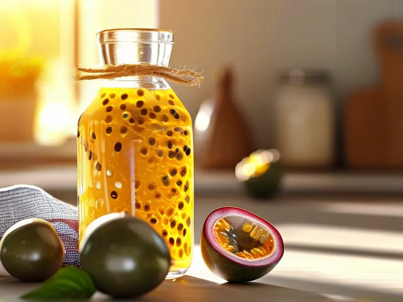 新鲜百香果与正在发酵的百香果酒