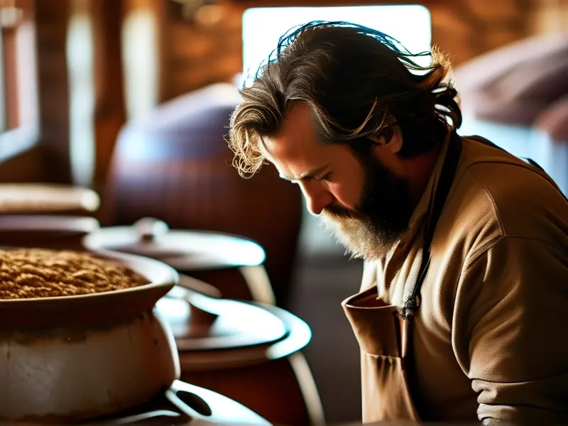 酿酒师检查酒醅的白酒酿造步骤