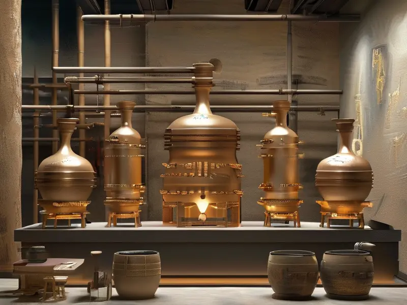 中国古代蒸馏器与现代白酒蒸馏技术对比示意图