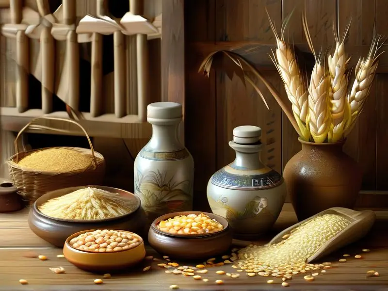 传统白酒酿造原料展示：高粱、大米、玉米等谷物