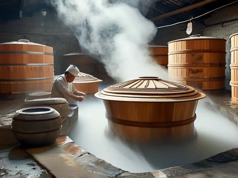 传统酿酒工艺与现代勾兑技术对比场景