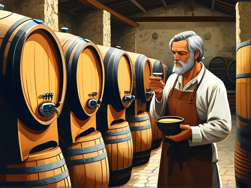 传统酿酒师在酒窖中勾兑白酒