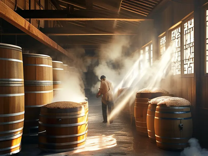 传统白酒酿酒车间工作场景