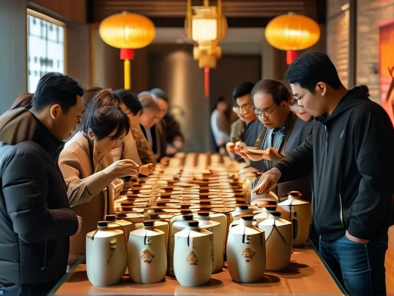 白酒品鉴会现场，参与者正在品尝和讨论不同种类的白酒