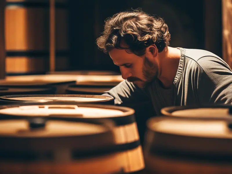 酿酒师检查生料酿酒发酵过程