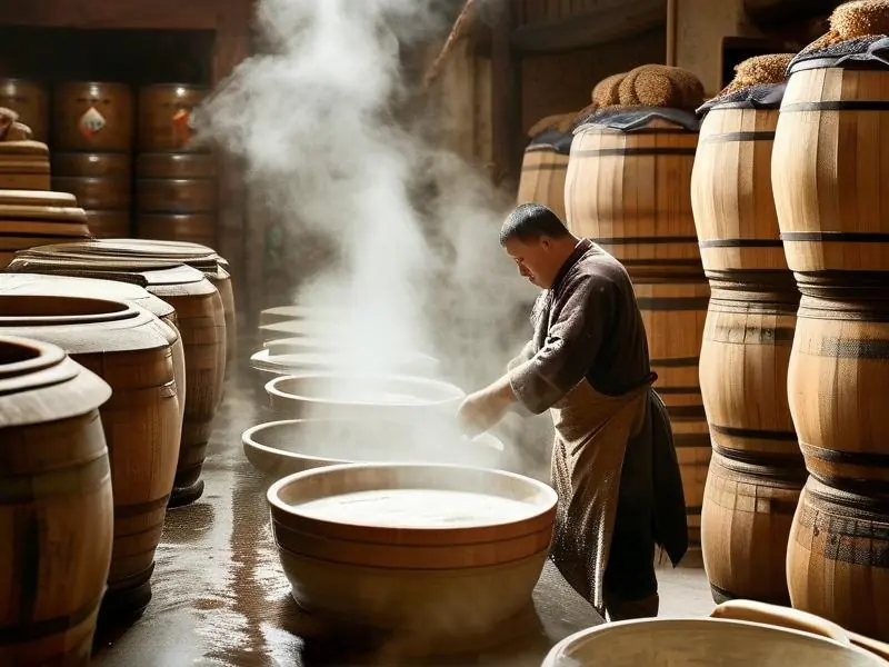 传统白酒酿造过程，工人蒸煮粮食