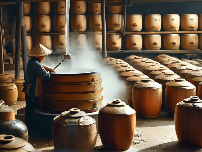 白酒制酒工艺中的蒸馏环节实景图