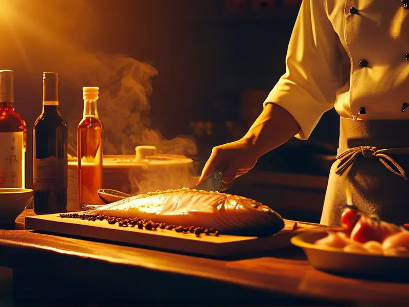 厨师使用白酒腌制鱼肉的烹饪过程特写