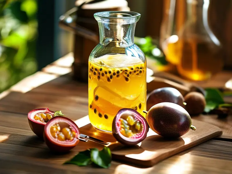 百香果和柠檬切片在玻璃罐中泡制的特写