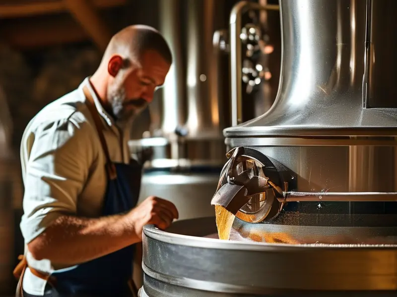 酿酒师操作半固态半液态酿酒设备